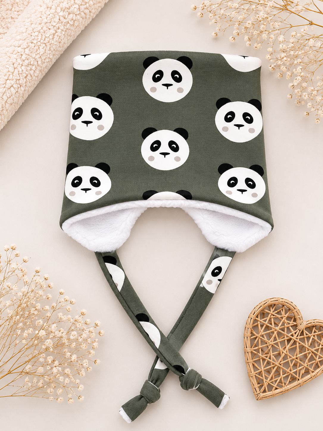 Knytelue med fleece | Mørk khaki panda